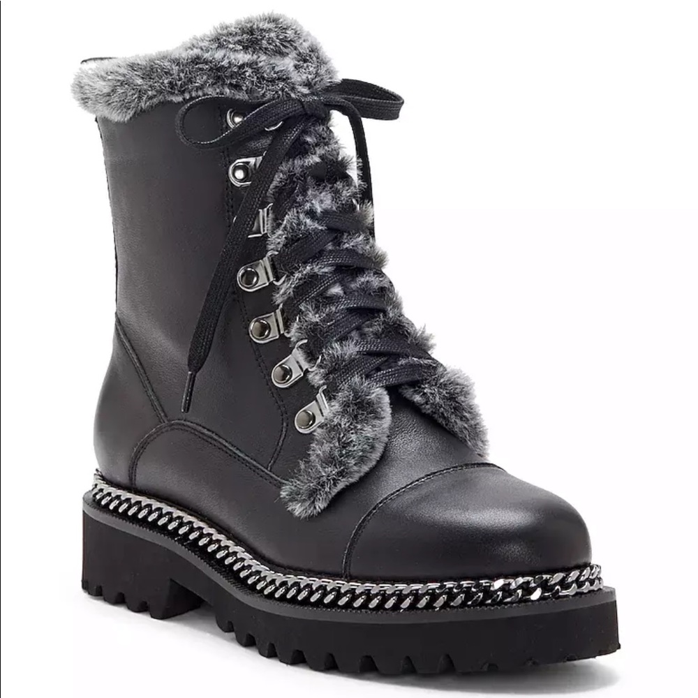New! VINCE CAMUTO MELINDIE FUR TRIM COMBAT BOOT SIZE 6.5 M WOMENS